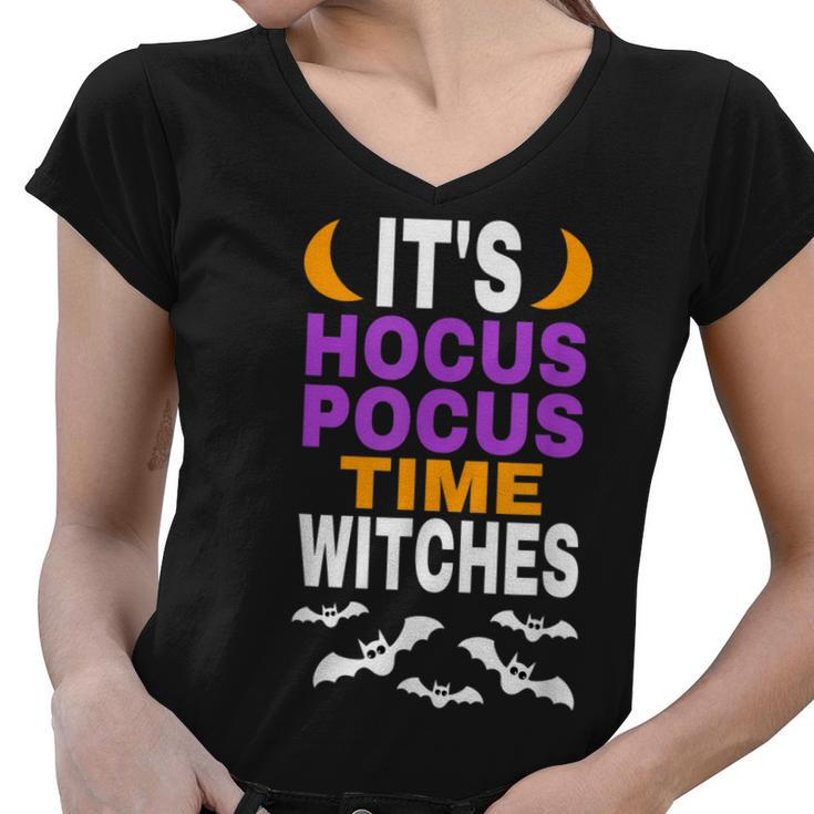 Halloween T  Its Hocus Pocus Time Witches Bats Flying Women V-Neck T-Shirt