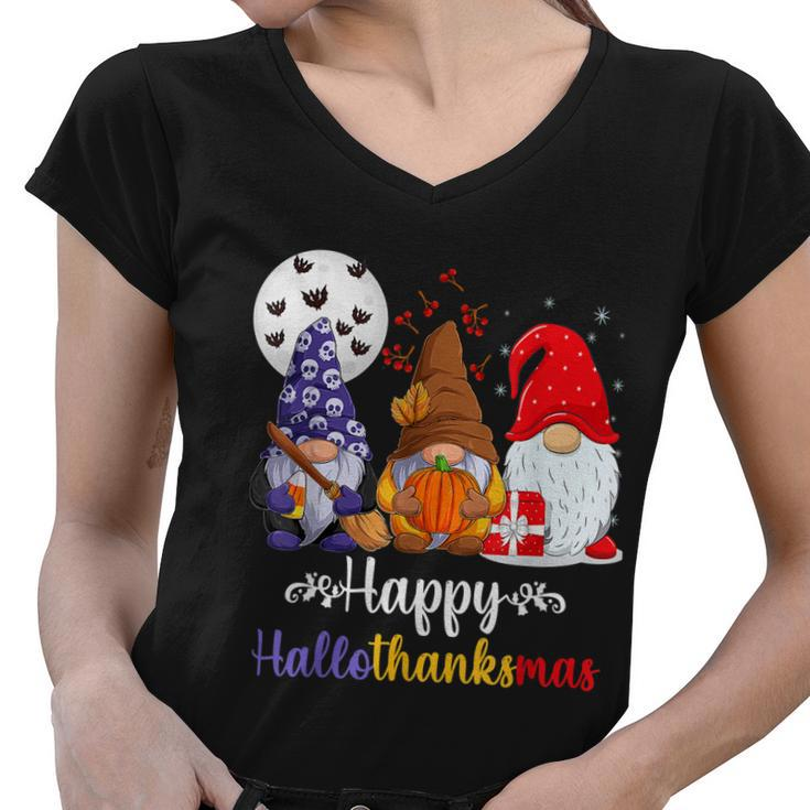 Halloween Thanksgiving Christmas Happy Hallothanksmas Gnomes  V9 Women V-Neck T-Shirt