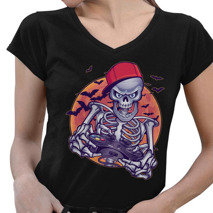 Halloween Video Gamer Skeleton Tshirt Women V-Neck T-Shirt