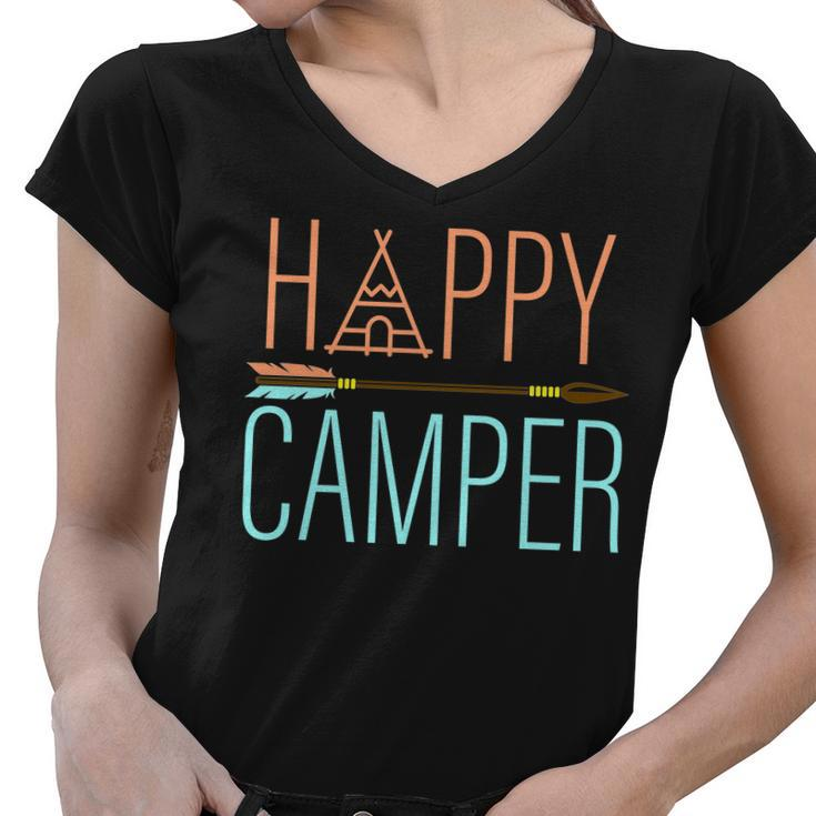 Happy Camper Funny Camping Women V-Neck T-Shirt