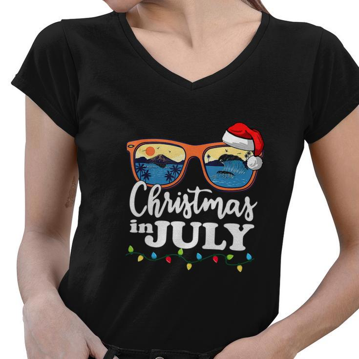 Happy Christmas In July Santa Hat Sunglasses Summer Beach Women V-Neck T-Shirt