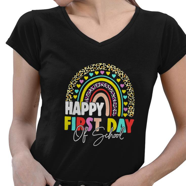 Happy First Day Of School Teacher Back To School Rainbow Women V-Neck T-Shirt