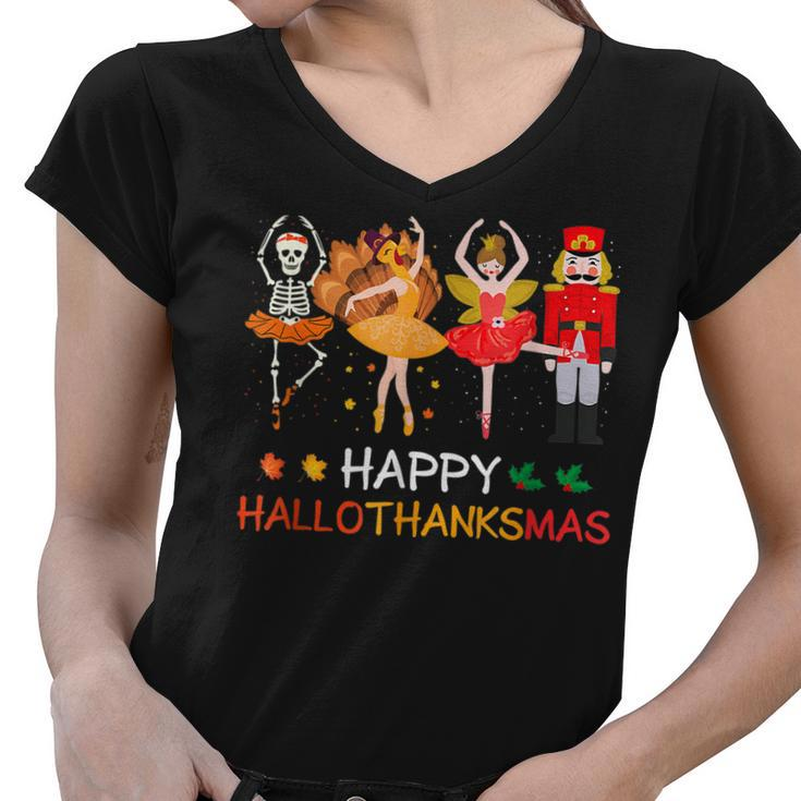 Happy Hallothanksmas Ballet Skeleton Dancing Halloween Party  Women V-Neck T-Shirt