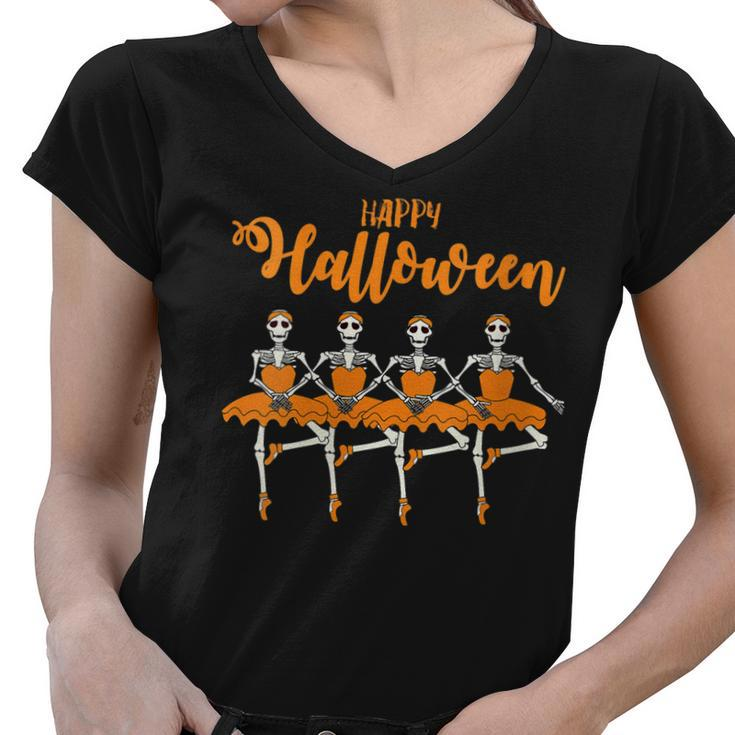 Happy Halloween Dancing Ballet Skeleton Ballerina Funny Idea   Women V-Neck T-Shirt