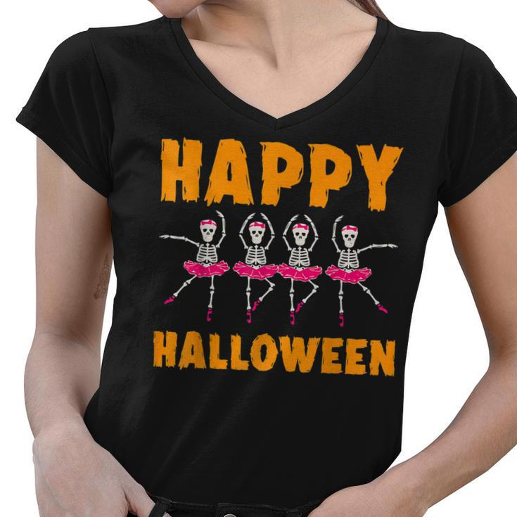 Happy Halloween Lazy Costume Dancing Skeleton Ballerina  Women V-Neck T-Shirt
