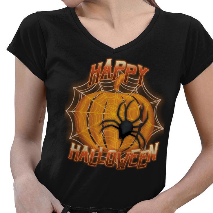 Happy Halloween Spiderweb Pumpkin Women V-Neck T-Shirt