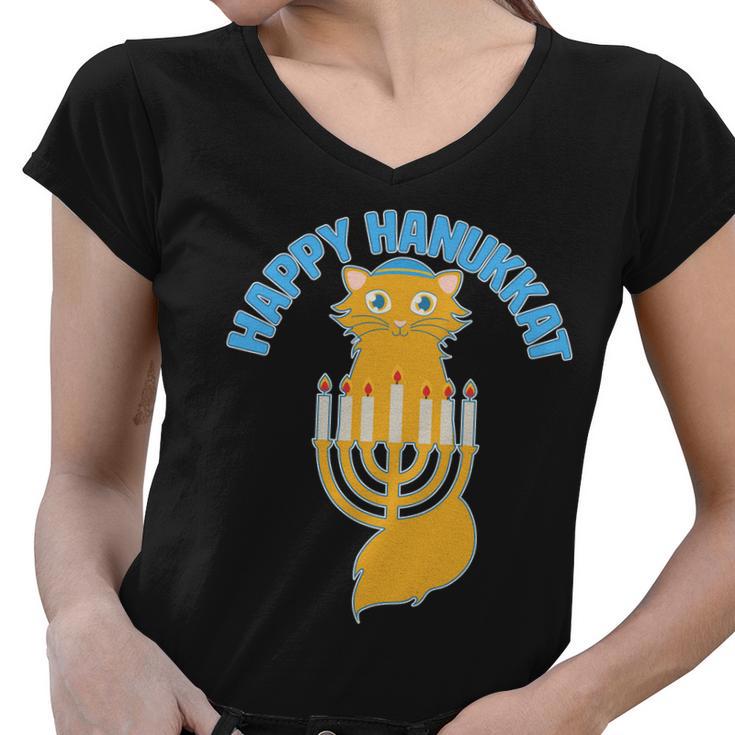 Happy Hanukkat Hanukkah Jewish Cat Women V-Neck T-Shirt