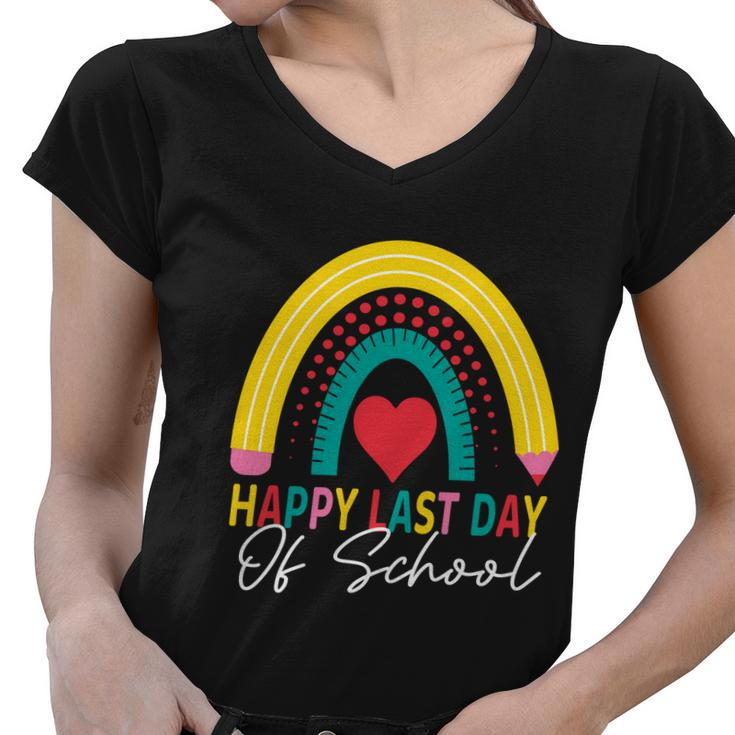 Happy Last Day Of School Rainbow Teacher Student Graduation Gift Women V-Neck T-Shirt