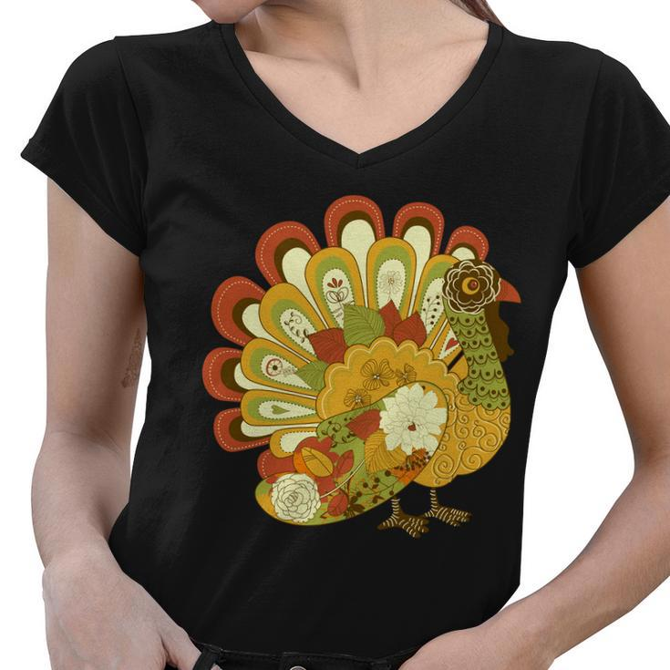 Happy Thanksgiving Floral Turkey Tshirt Women V-Neck T-Shirt
