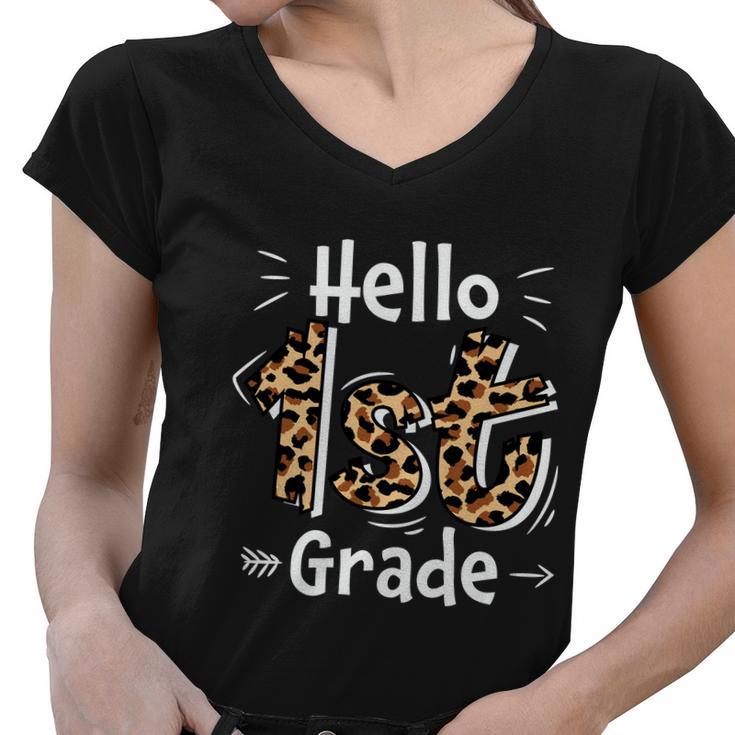 Hello 1St Grade Leopard Back To School First Day Of School Women V-Neck T-Shirt