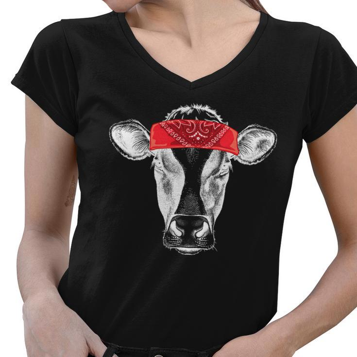 Hippie Cow Red Bandanna Women V-Neck T-Shirt