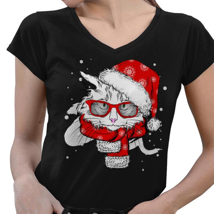 Hipster Christmas Cat Women V-Neck T-Shirt