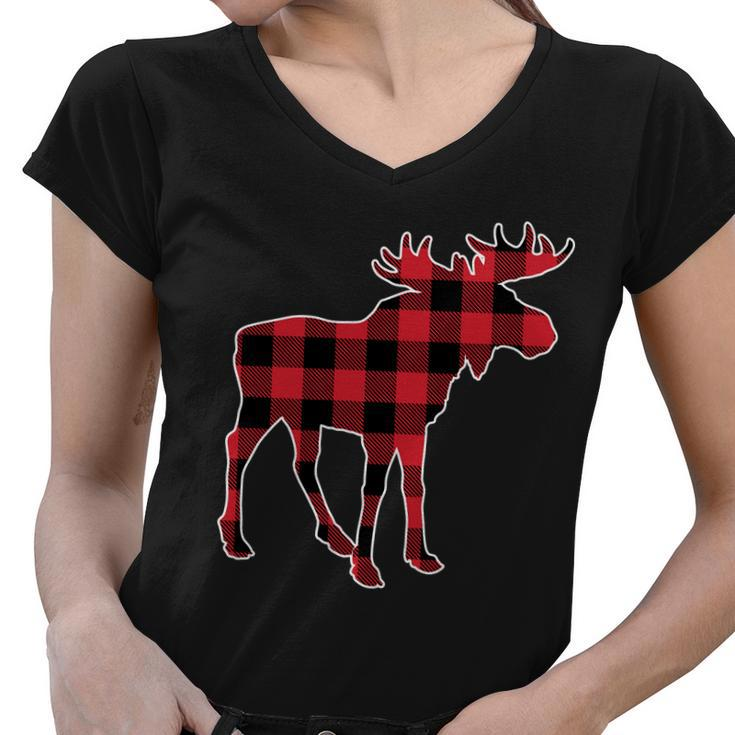 Holiday Plaid Moose Women V-Neck T-Shirt
