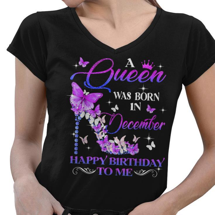 Hot Lips A Queen Was Born In December Happy Birthday To Me Women V-Neck T-Shirt