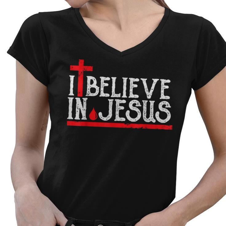 I Believe In Jesus - Christian Faith Cross Blood  Women V-Neck T-Shirt