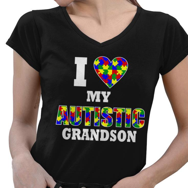 I Love My Autistic Grandson Autism Women V-Neck T-Shirt