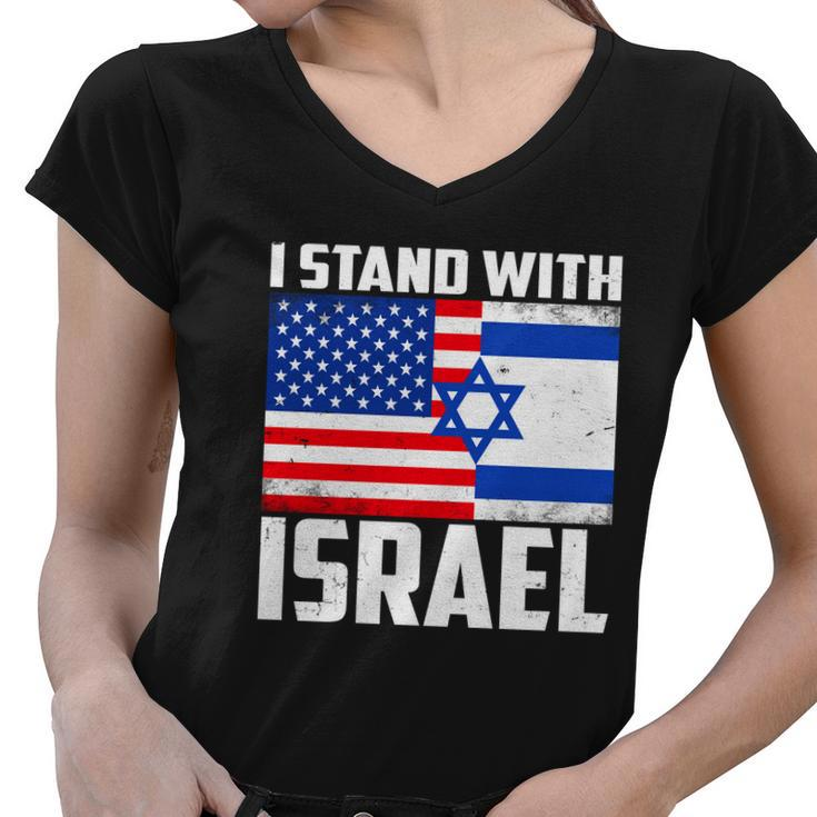I Stand With Israel Us Flags United Distressed Women V-Neck T-Shirt