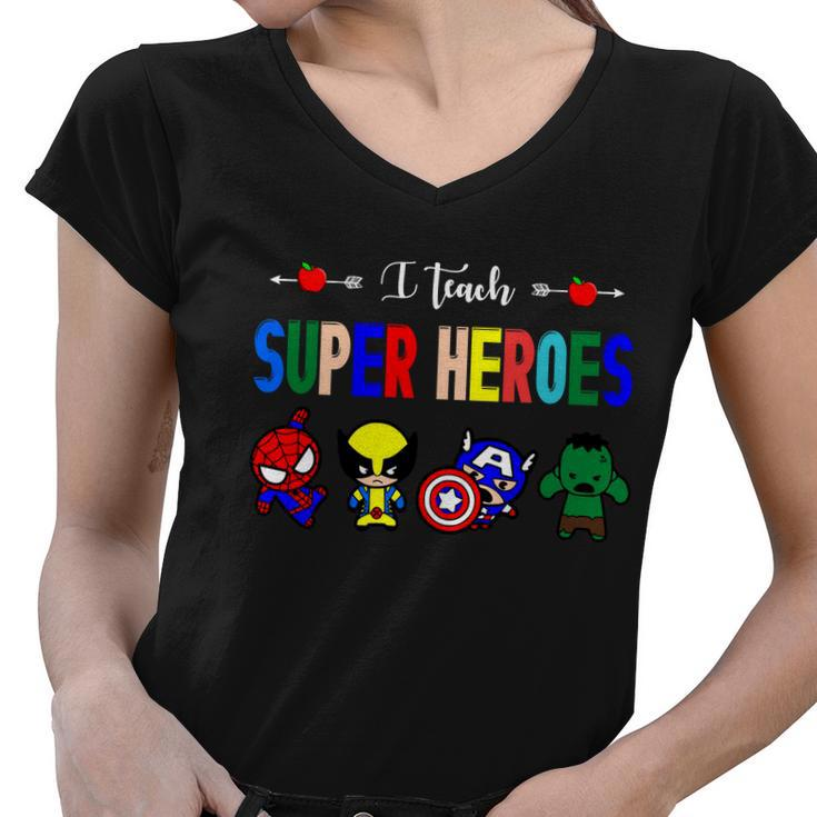 I Teacher Super Heroes Cute Superhero Characters Women V-Neck T-Shirt