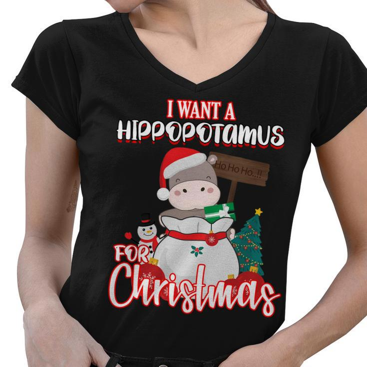 I Want A Hippopotamus For Christmas Ho Ho Ho Women V-Neck T-Shirt