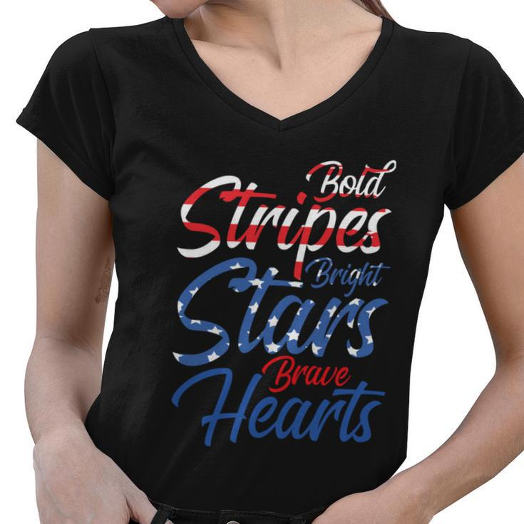 Independence Day Usa Bold Stripes Bright Stars Brave Hearts Women V-Neck T-Shirt