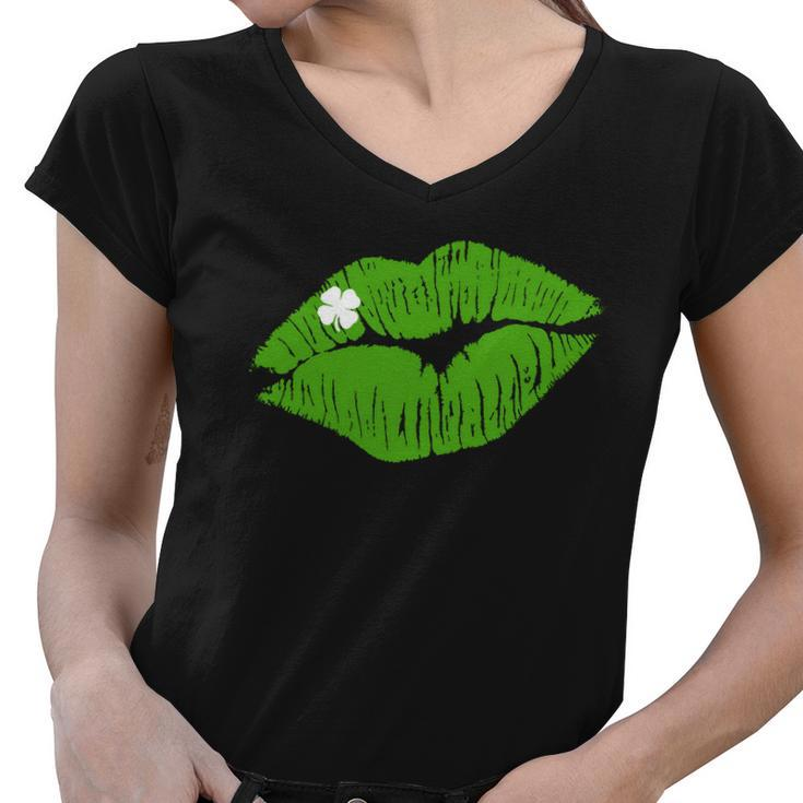 Irish Lips Kiss Clover St Pattys Day Graphic Design Printed Casual Daily Basic Women V-Neck T-Shirt