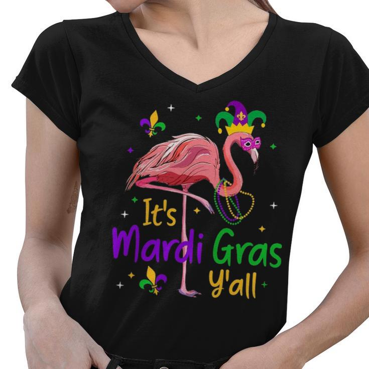 It S Mardi Gras Y All Funny Flamingo Mardi Gras Women V-Neck T-Shirt
