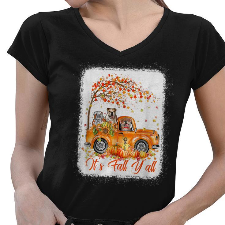 Its Fall Yall Bulldog Riding Truck Pumpkin Autumn Fall  Women V-Neck T-Shirt