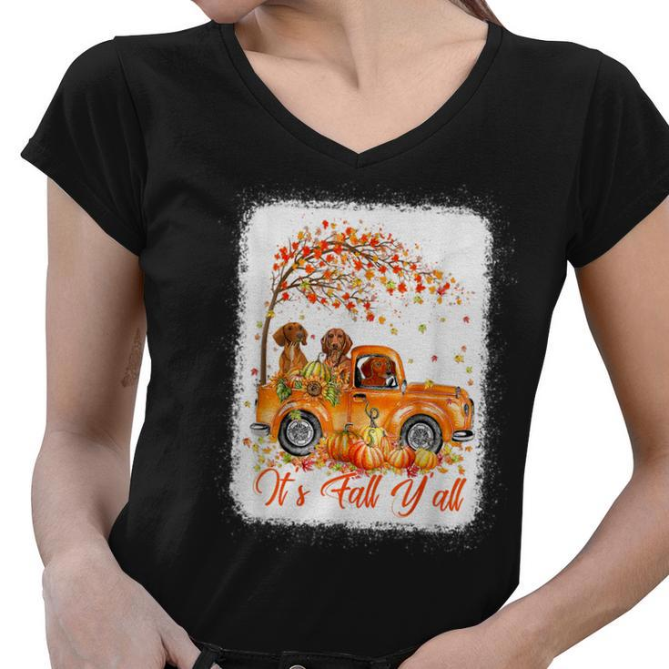 Its Fall Yall Dachshund Riding Truck Pumpkin Autumn Fall  Women V-Neck T-Shirt