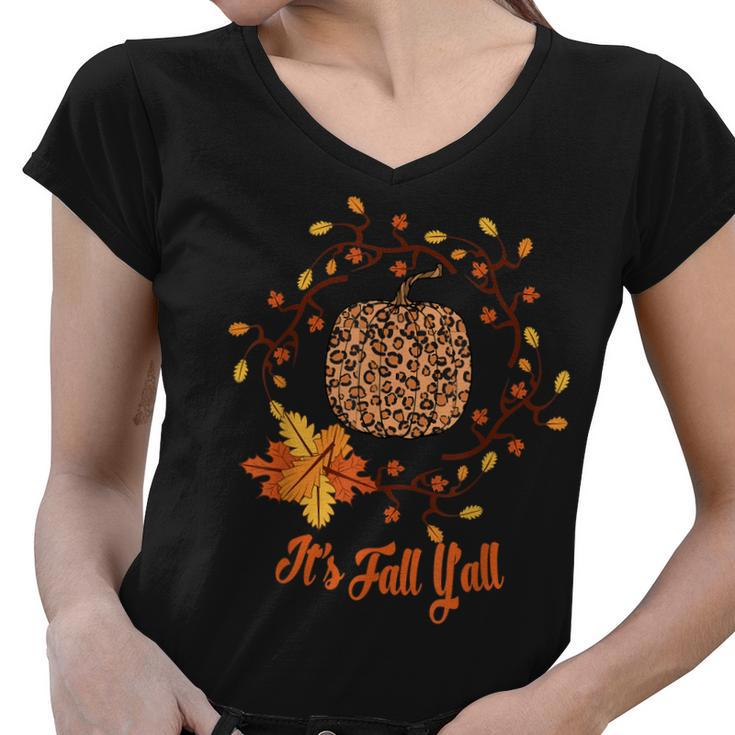 Its Fall Yall Leopard Print Pumpkin Thanksgiving Halloween  Women V-Neck T-Shirt
