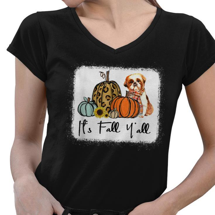 Its Fall Yall Yellow Shih Tzu Dog Leopard Pumpkin Falling Women V-Neck T-Shirt