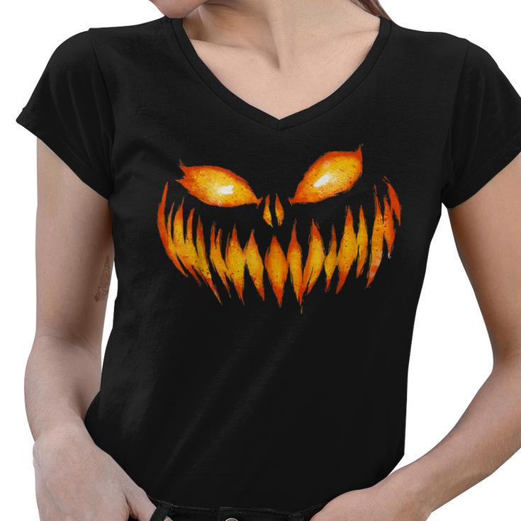 Jack O Lantern Scary Carved Pumpkin Face Halloween Costume  Women V-Neck T-Shirt