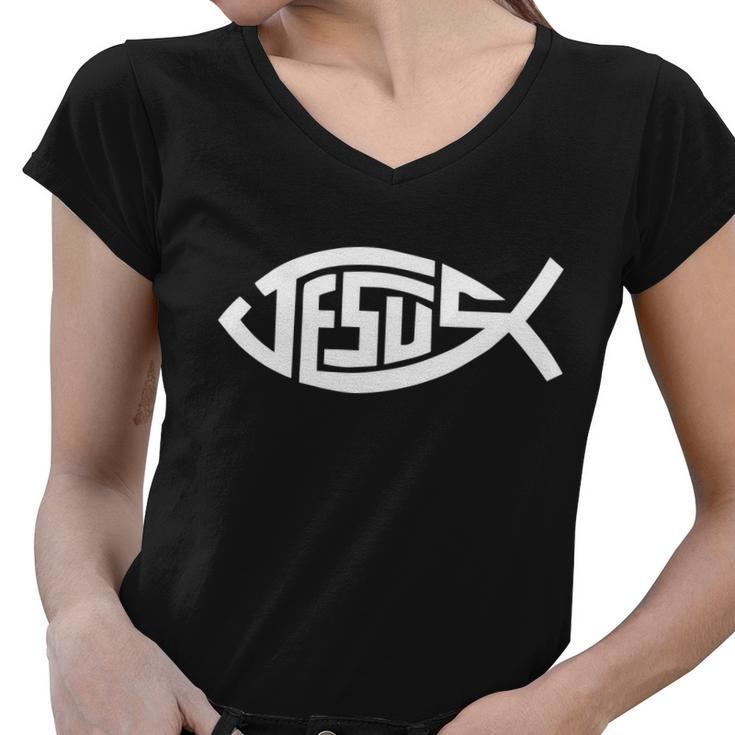 Jesus Fish Logo Women V-Neck T-Shirt