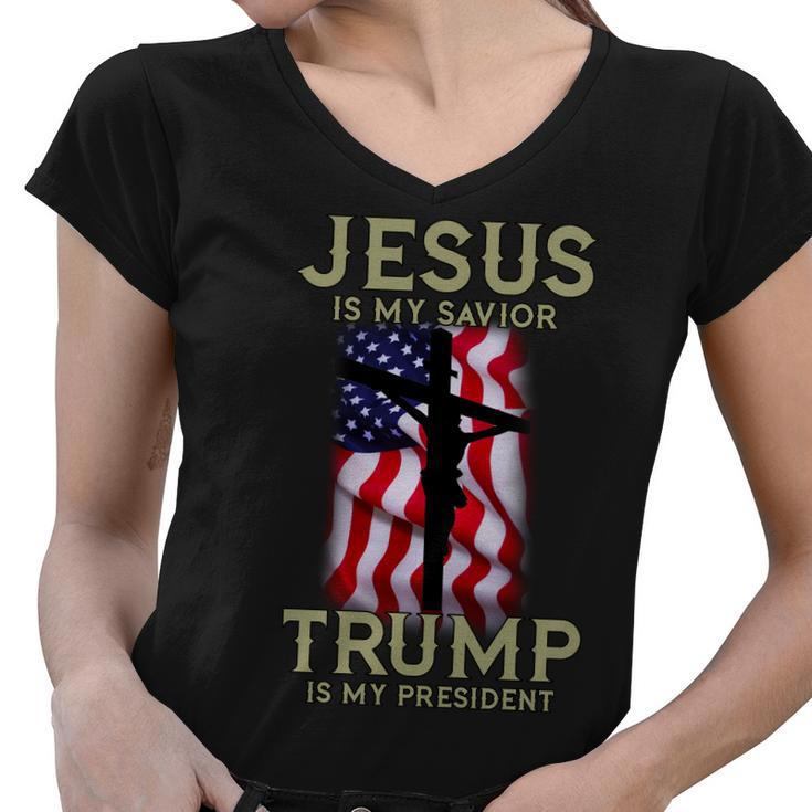 Jesus Is My Savior Trump Is My President American Cross Tshirt Women V-Neck T-Shirt