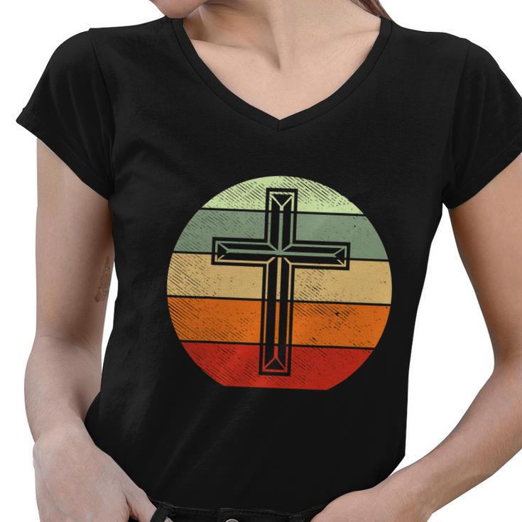 Jesus Retro Cross Christ God Faith Religious Funny Christian Women V-Neck T-Shirt