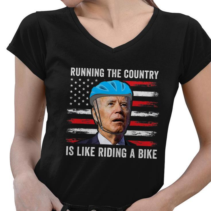Joe Biden Falling Off His Bicycle Funny Biden Falls Off Bike America Flag Women V-Neck T-Shirt