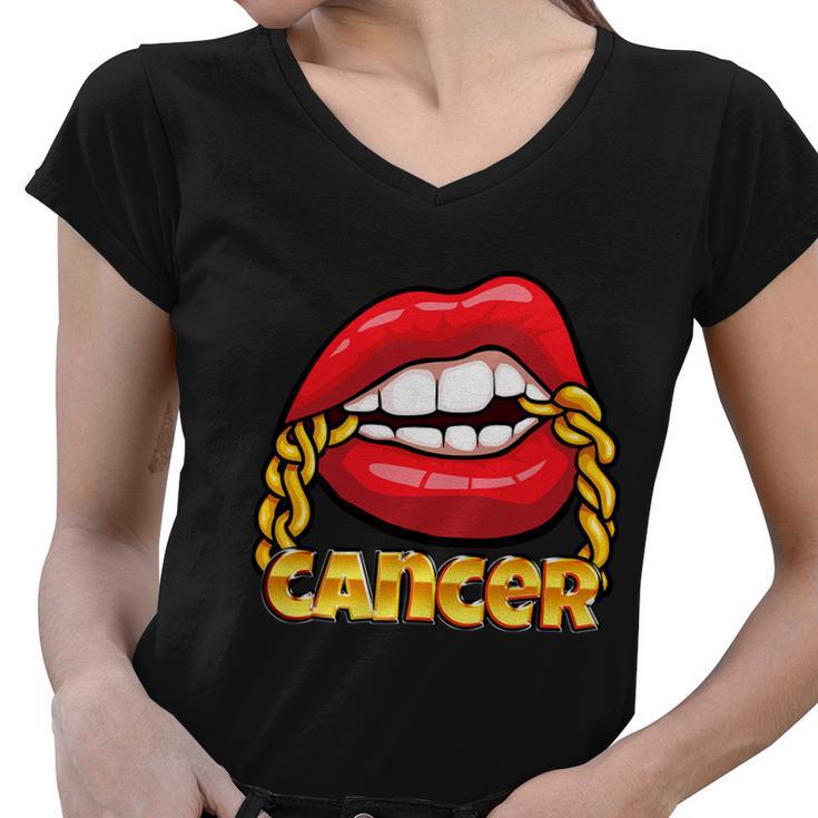 Juicy Lips Gold Chain Cancer Zodiac Sign Women V-Neck T-Shirt