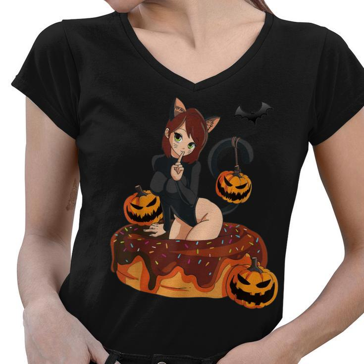 Kawaii Anime Halloween Black Cat | Sexy Anime Girl In Donut  Women V-Neck T-Shirt