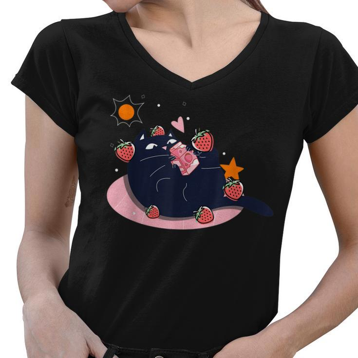 Kawaii Cat Strawberry Milk Japanese Cat Lover Neko Anime  Women V-Neck T-Shirt