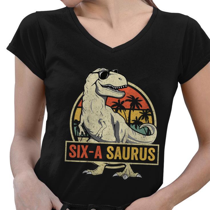 Kids 6 Year Old Dinosaur Birthday 6Th T Rex Dino Six Saurus Women V-Neck T-Shirt