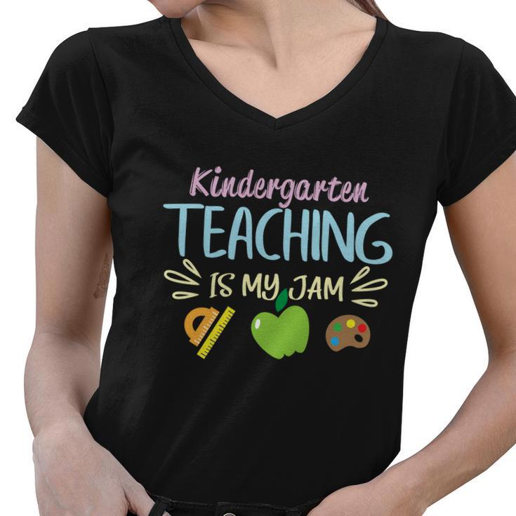 Kindergarten Teaching Is My Jam Funny School Student Teachers Graphics Plus Size Women V-Neck T-Shirt