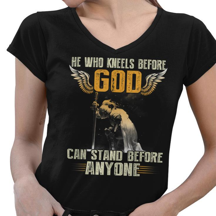 Knight Templar T Shirt - He Who Kneels Before God Can Stand Before Anyone - Knight Templar Store Women V-Neck T-Shirt