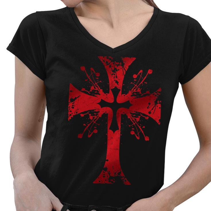 Knight Templar T Shirt - The Warrior Of God Bloodstained Cross - Knight Templar Store Women V-Neck T-Shirt