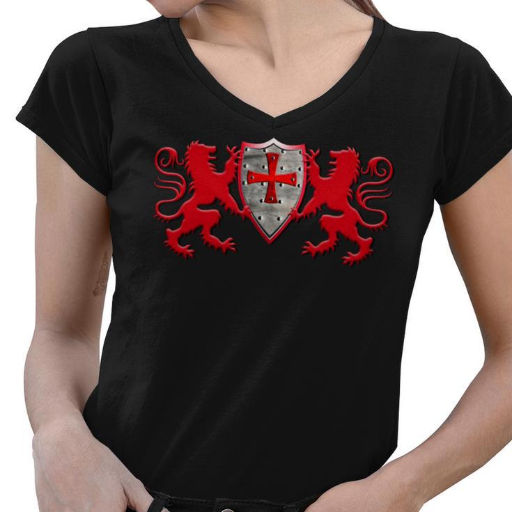 Knights Templar T Shirt - Two Lions And The Knights Shield Women V-Neck T-Shirt