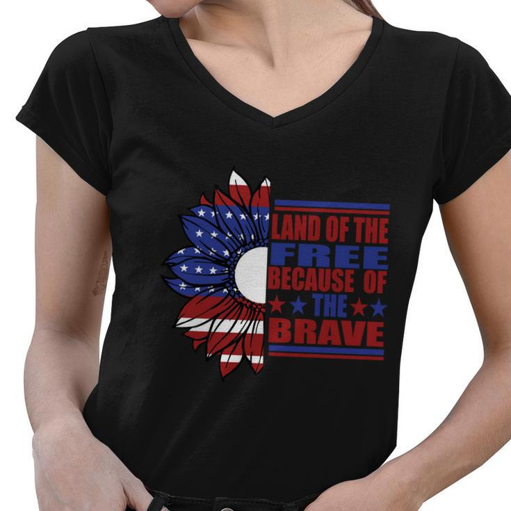 Land Of The Free Because Of The Brave Sunflower America Flag 4Th Of July Women V-Neck T-Shirt
