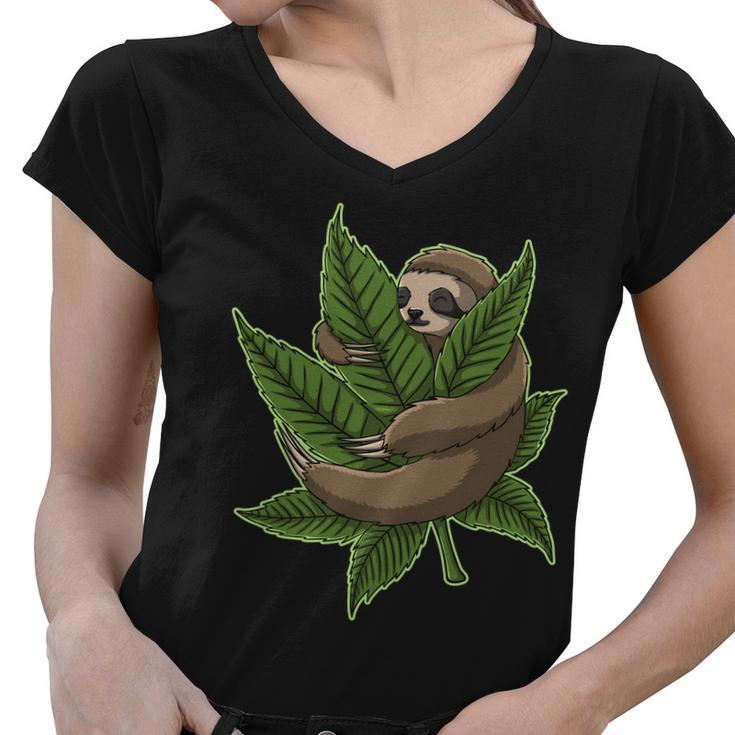 Lazy Sloth Cannabis Leaf Women V-Neck T-Shirt