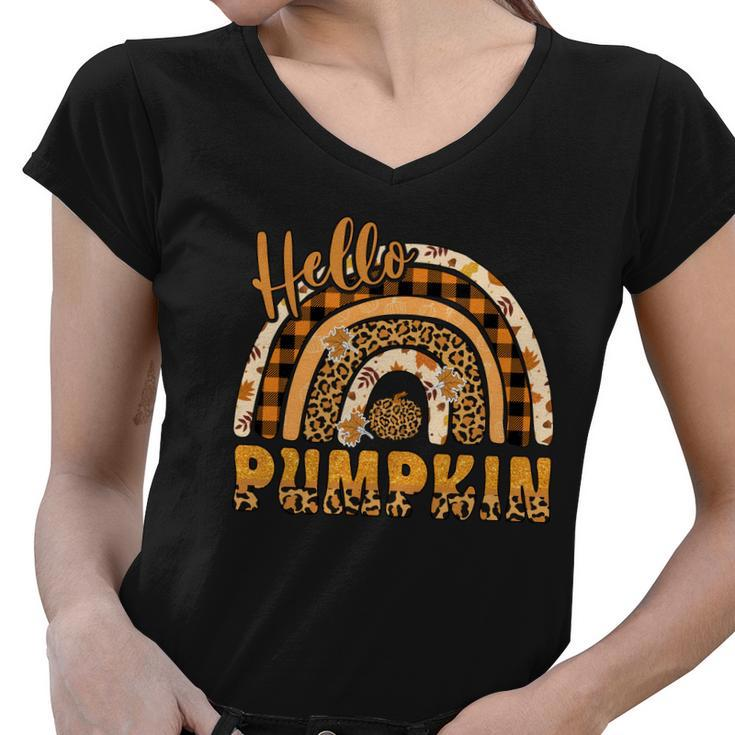 Leopard Plaid Autumn Hello Pumpkin Fall Rainbow Women V-Neck T-Shirt