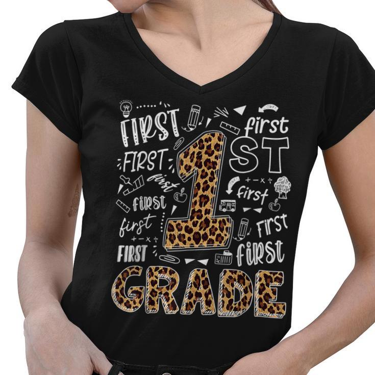 Leopard Print 1St Grade Teacher Kids Back To School  Women V-Neck T-Shirt