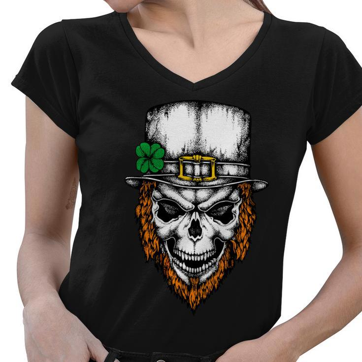 Leprechaun Irish Skull Skeleton Ginger Beard St Patricks Day Women V-Neck T-Shirt