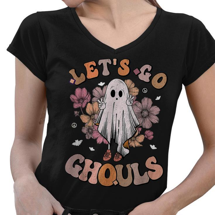 Lets Go Ghouls Ghost 70S Hippie Halloween Fall Retro Groovy  Women V-Neck T-Shirt