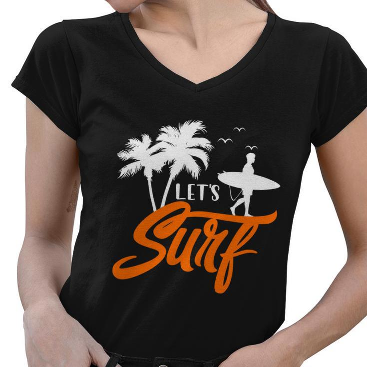 Lets Surf Sunset Summer Time Women V-Neck T-Shirt